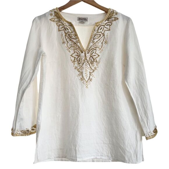 MICHAEL Michael Kors Boho White Linen Tunic Gold Seed Beads Small - Picture 1 of 7